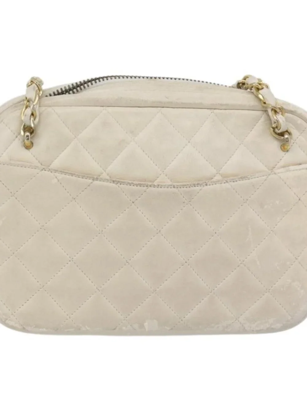 CHANEL Matelasse Chain Shoulder Bag Lamb Skin White Gold CC Auth bs28144